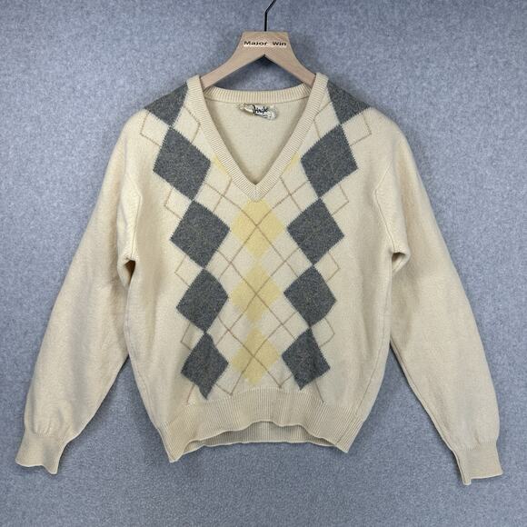 Vintage Pringle Scotland Argyle Sweater 100% Lambswool Men's Medium Cream - Picture 1 of 14